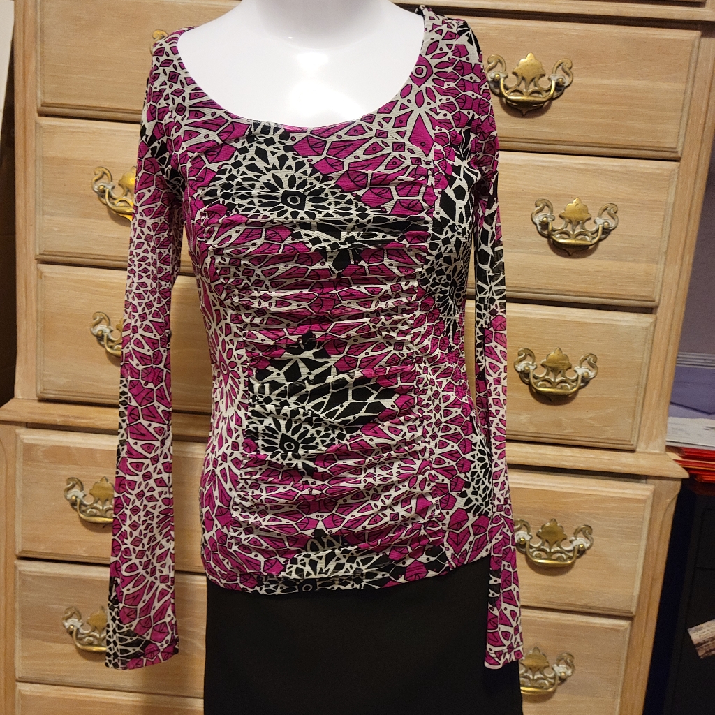 Inc Fushia & Black Patterned Ruched Front Blouse
